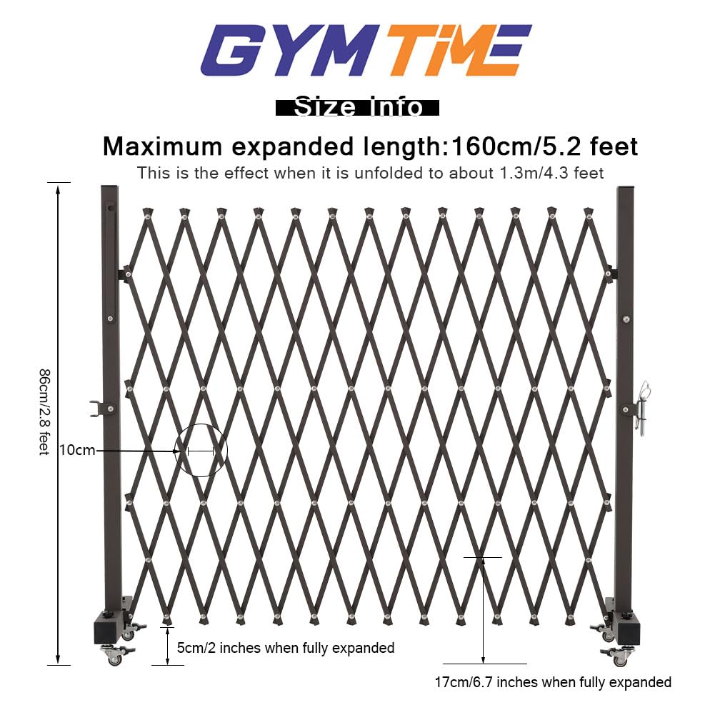 GYMTIME Metal Expandable Barricade, Portable Safety Barrier with Casters, Flexible Mobile Folding Security Gate, Adjustable Traffic Fence for Home, School, Warehouse, 5.2 Feet, 34 inch High