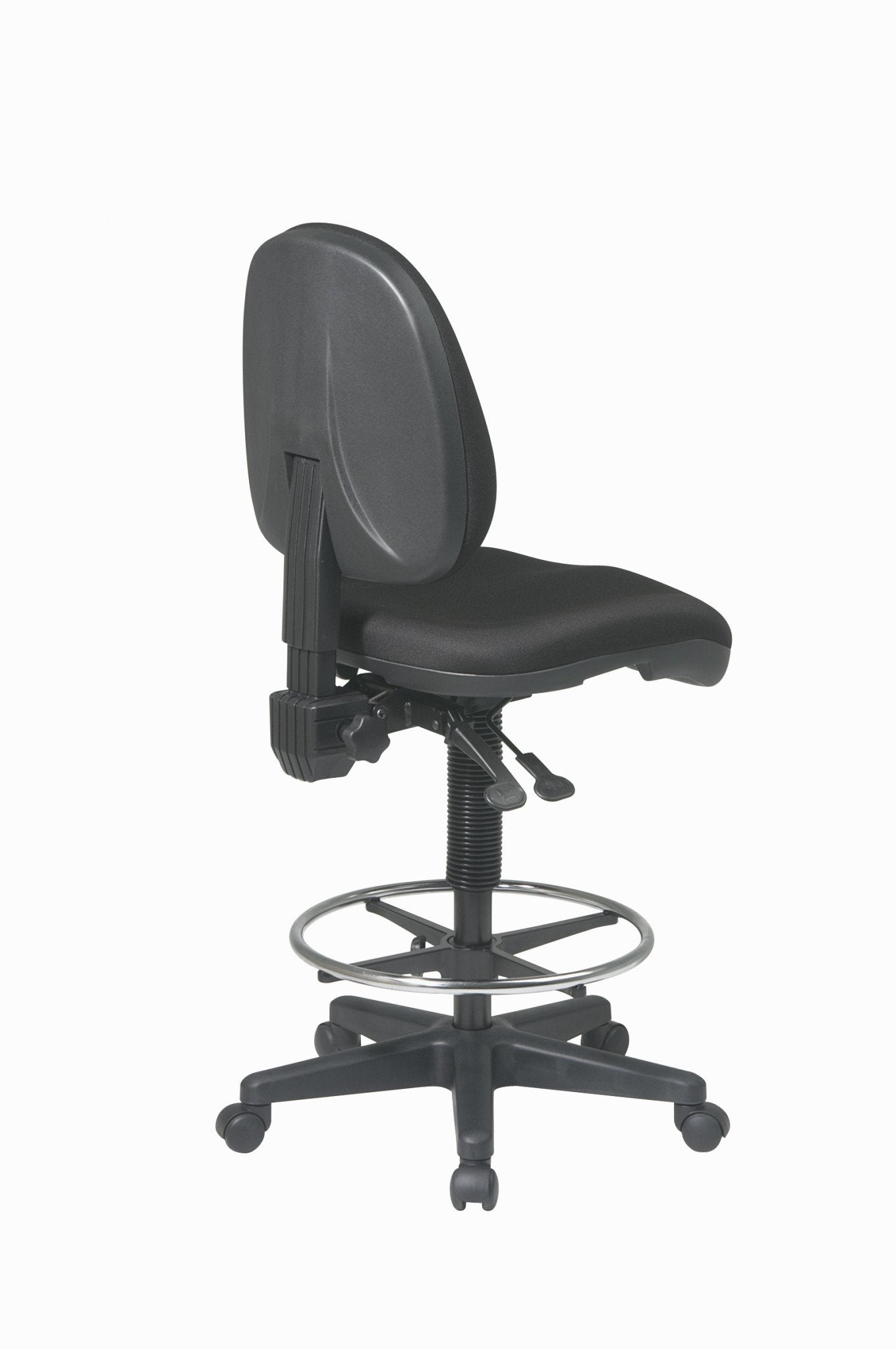 Office Star DC Series Deluxe Ergonomic Adjustable Padded Drafting Chair with 18.5 Inch Chromed Footring and Dual Wheel Carpet Casters, Icon Black Fabric