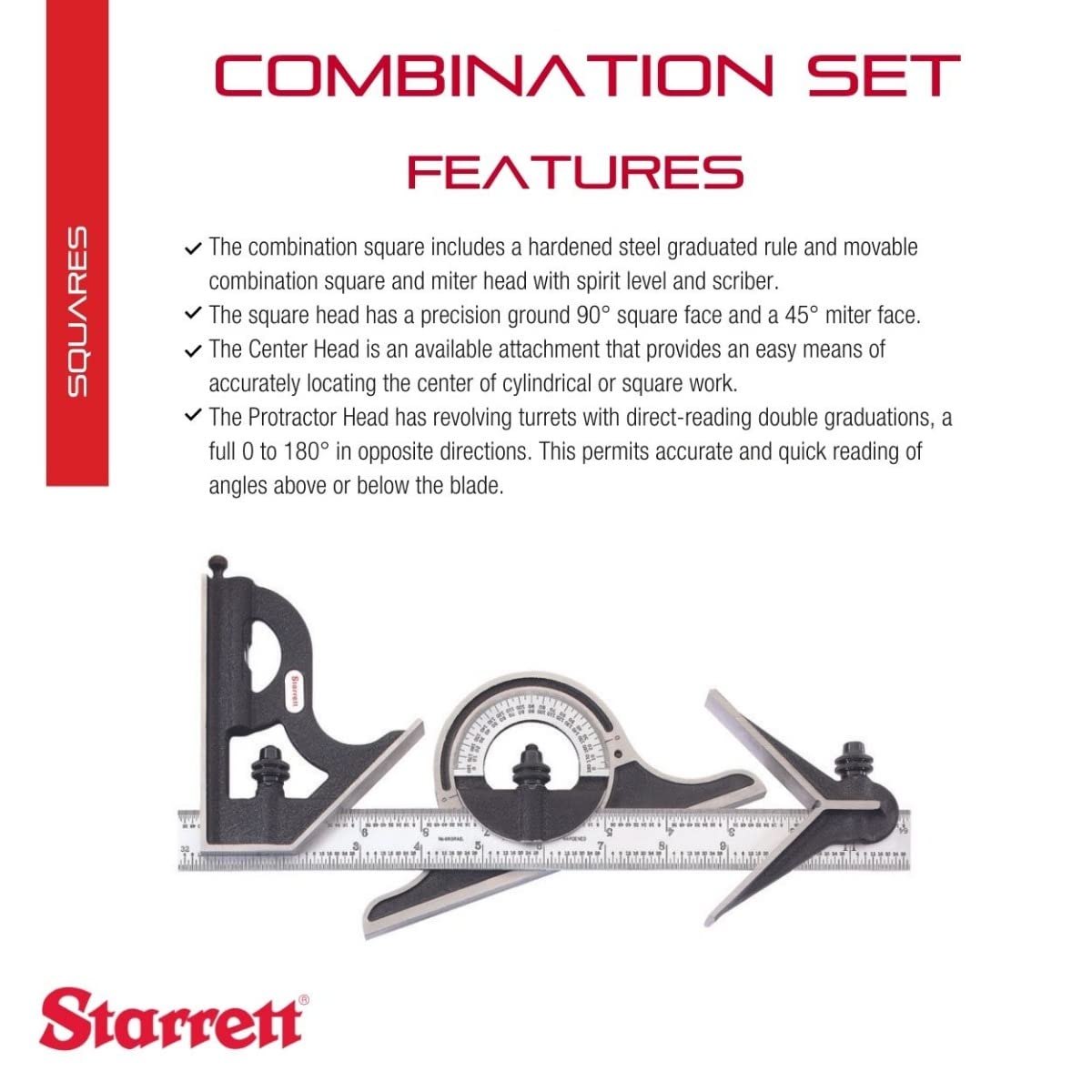 Starrett Combination Set with SLC, Square, Center and Reversible Protractor Head - 12" Blade Length, Forged and Hardened Steel Heads, 4R Graduation Type - C434-12-4RW/SLC