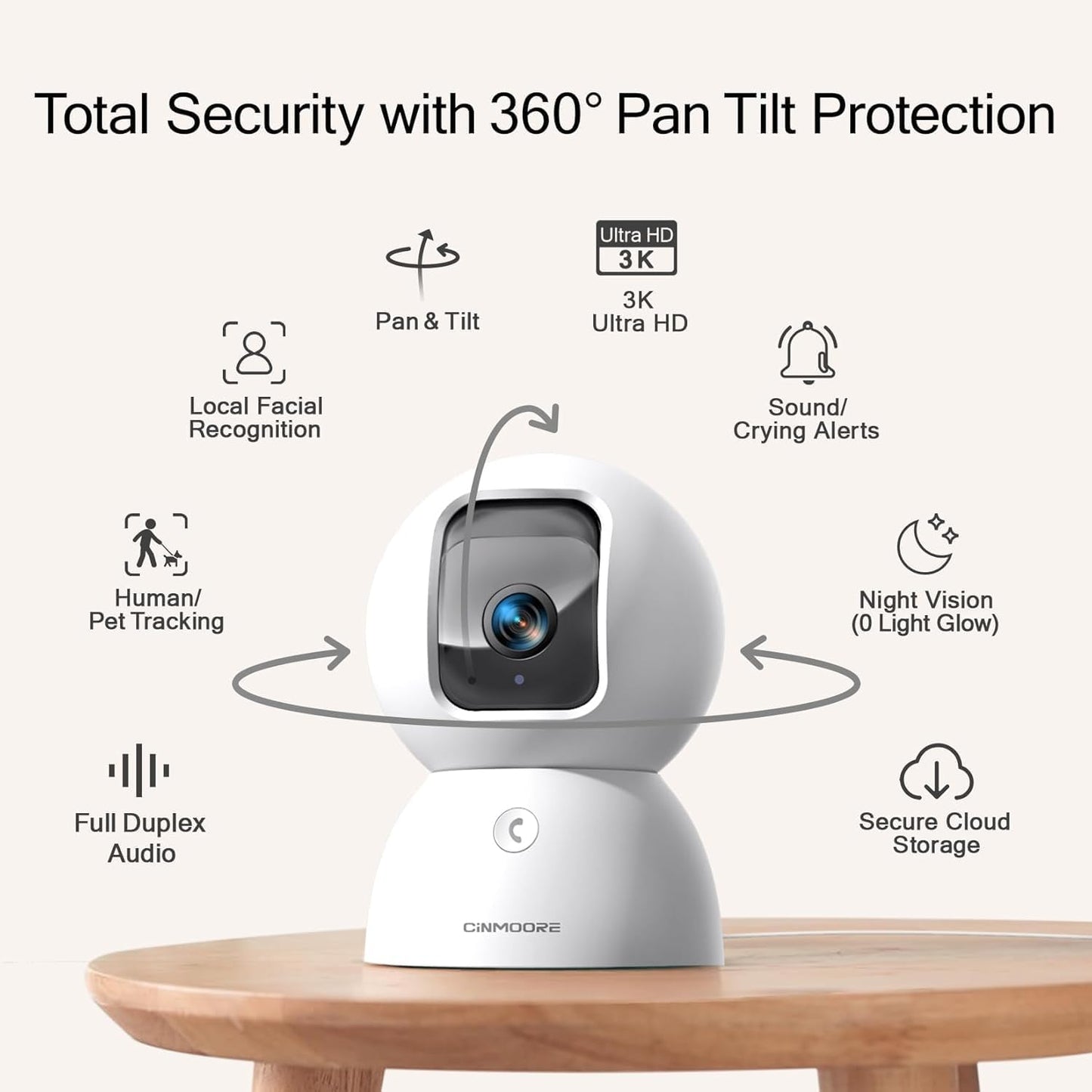CINMOORE 3K 5G 2-Way Upgraded Security Camera Indoor, Free Time Lapse, AI Tracking & Face ID, PTZ WiFi Dog/Pet/Baby
