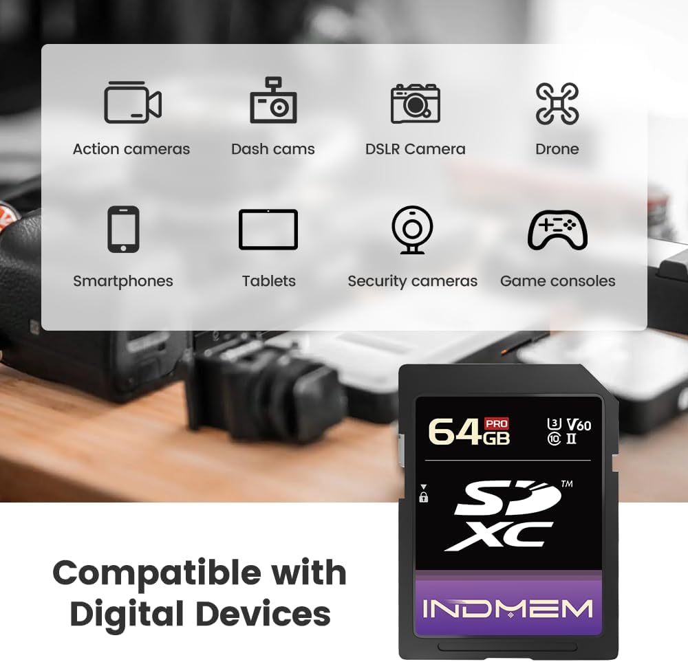 elecacc 64GB V60 U3 280MB/s, V60 4K/6K SD Card UHS-II SDXC Memory Card, High Speed Read up to Memory Cards