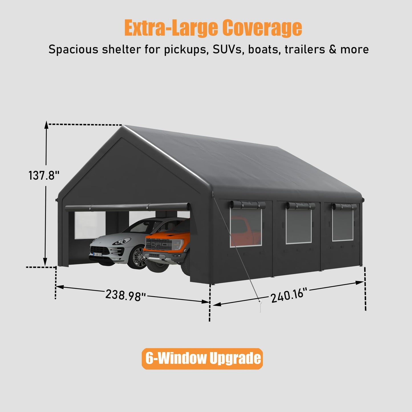 MNLR 20x20 FT Heavy Duty 2 Car Carport Canopy, Outdoor Portable Garage Shelter with 6 Mesh Windows, Removable Sidewalls, Galvanized Steel Frame, Waterproof UV Resistant Car Canopy Tent for Boat, SUV