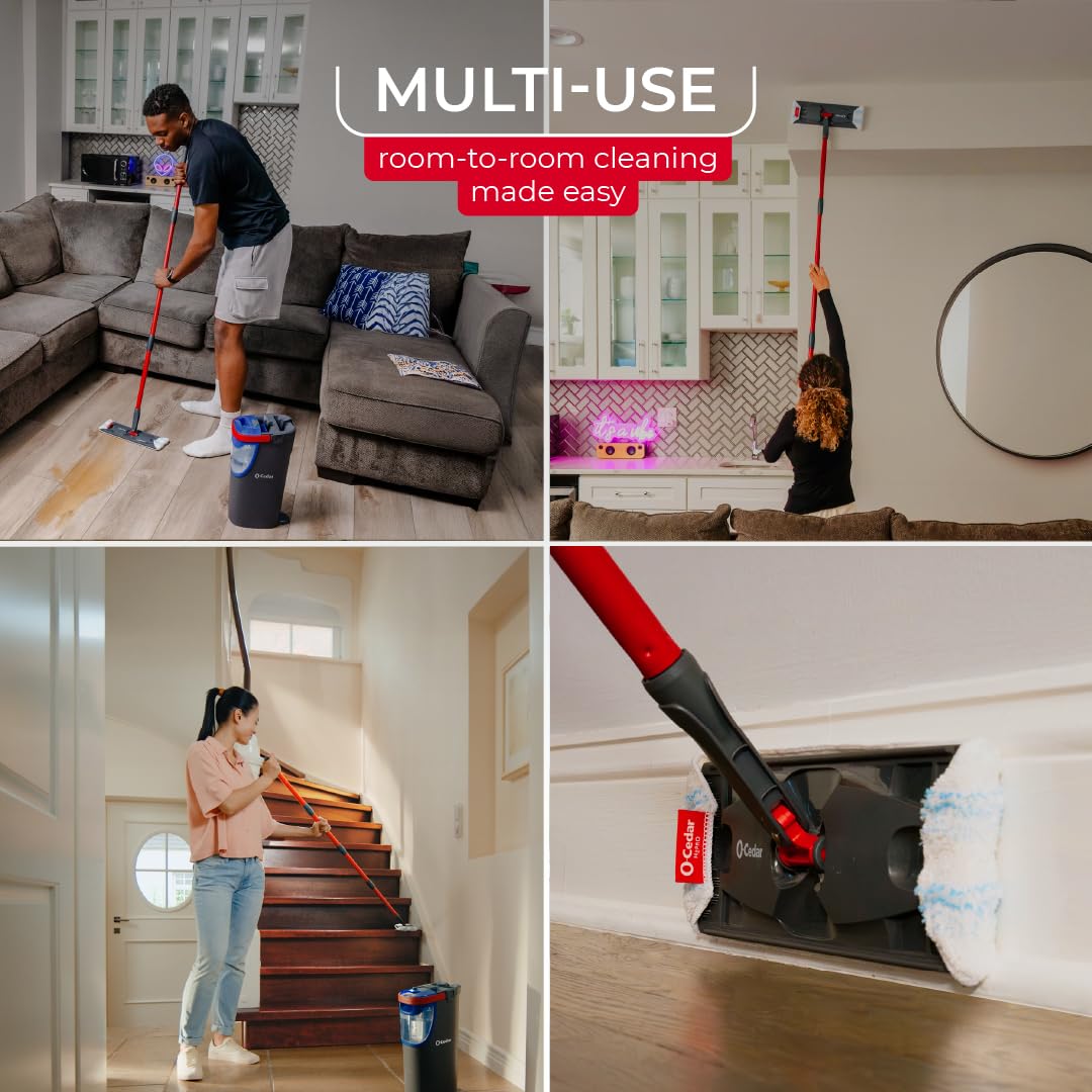 O-Cedar H2prO Flat Mop System | Quick Cleaning Tool | Clean with Water | Machine Washable Reusable Microfiber Mop Pad | Safe on Wood Floors, Vinyl, Tile, Baseboards, Walls