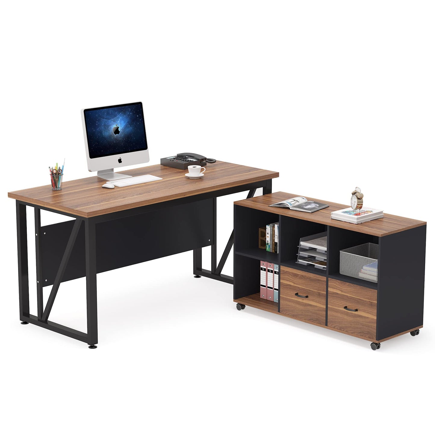 Tribesigns 55 inches Executive Desk and 43" lateral File Cabinet, L-Shaped Computer Desk Home Office Furniture with Drawers and Storage Shelves, Office Table with Cabinet