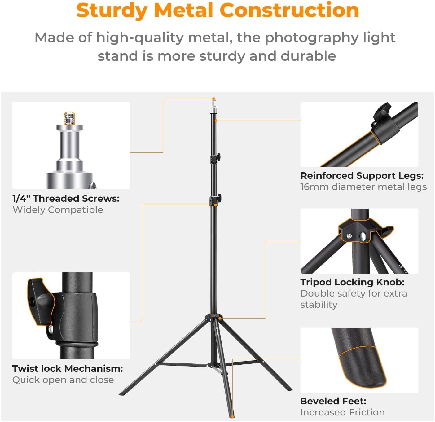 K&F CONCEPT 6.5ft/2M 1/4" Light Stand for Photography, Portable Extendable Photo Video Tripod Stand, Lighting Tripod