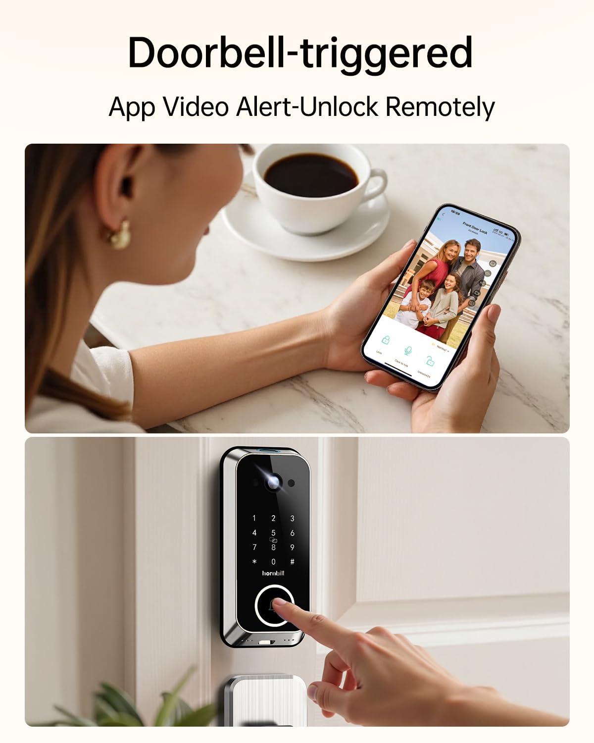 Hornbill Video Smart Lock with Camera: 10-in-1 Ring+2K Camera+Doorbell+Fingerprint Keyless Entry Door Lock, Built-in WiFi Deadbolt(only 2.4G), Two-Way Audio/App Remote Control/PIR, Satin Nickel
