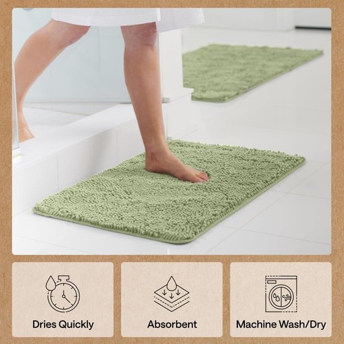 GORILLA GRIP Bath Rug Mat - Soft Absorbent Chenille | Quick Dry Microfiber, 48x17, Sage Green