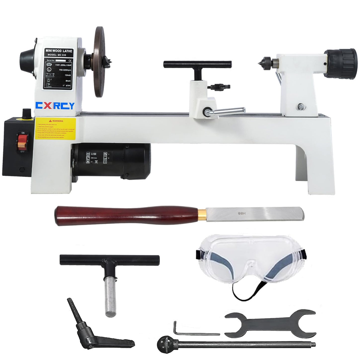 CXRCY Wood Lathe, 8" x 12" Mini Benchtop Wood Lathe Machine 1/3 HP Infinitely Variable Speed 750-3200 RPM with 2 Tool Rests, Lathe Chisel, Goggle for Woodworking, Woodturning