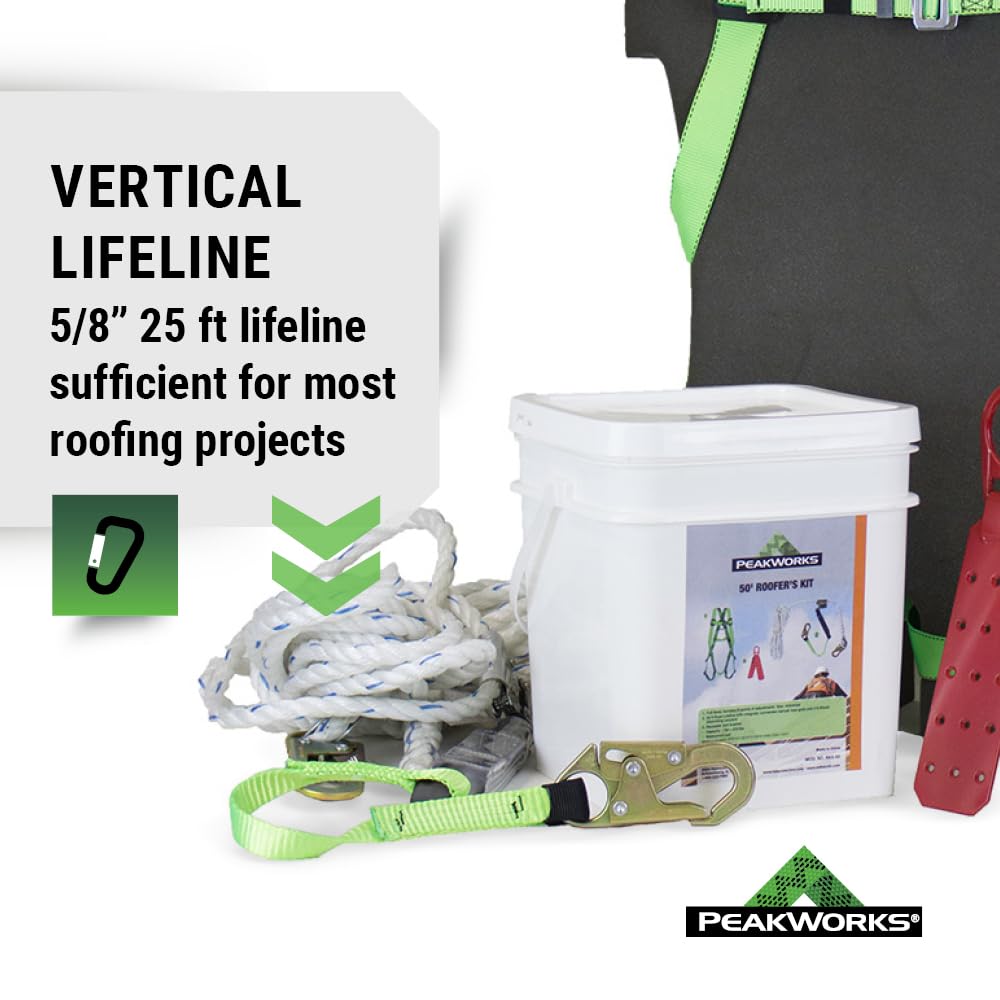 Peakworks OSHA Compliant, Fall Protection Roofer's Kit, Safety Harness (Universal Fit), Rope Grab, 25' Vertical Lifeline, and Reusable Roof Bracket, White/Green, V8257272