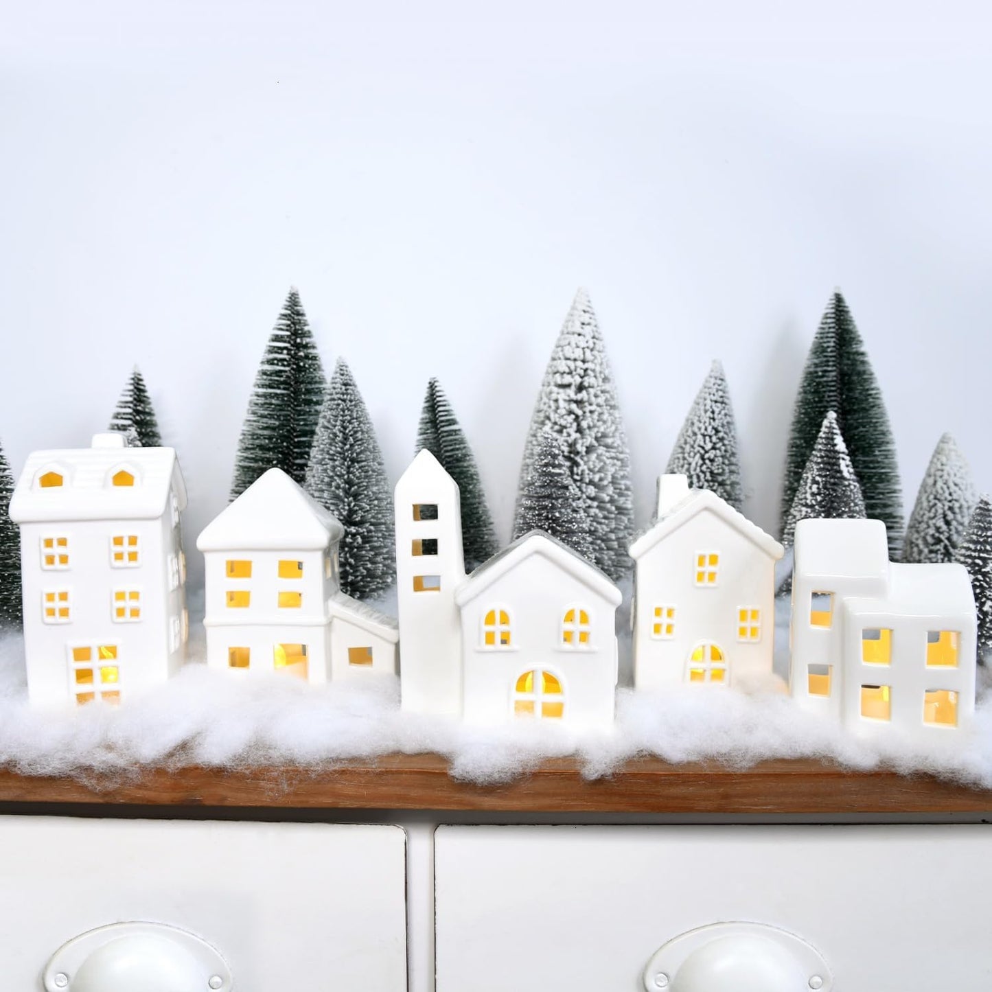 Regine Switzerland Ceramic Christmas Village Houses Set - 5 White Houses, 9 Trees & Fake Snow for Festive Home Decor