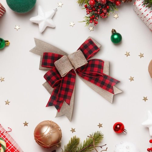 CREATCABIN Christmas Plaid Bow - 9.8 x 8.5 Inch Burlap Ornament for Wreaths, Garlands & Holiday Decor