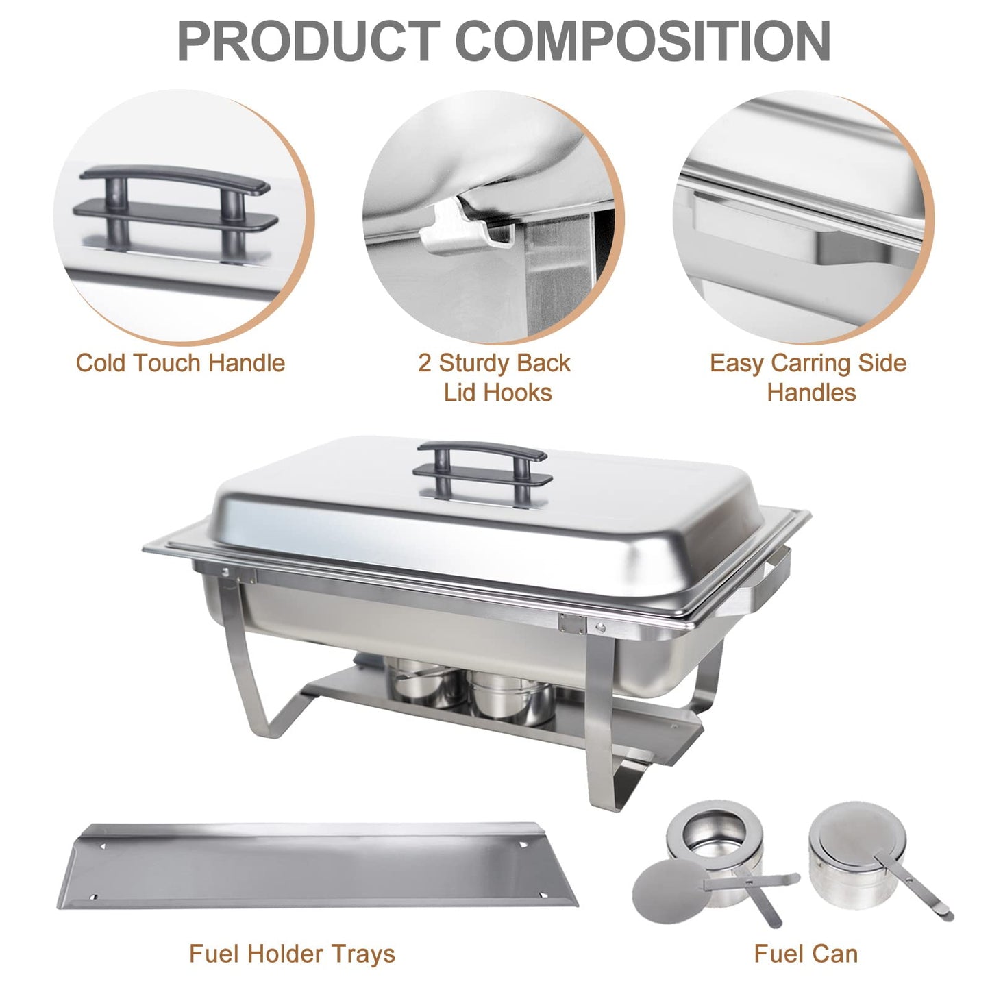 Valgus 4-Pack 8QT Stainless Steel Chafing Dish Buffet Set with 2 Full Size, 2 Half Size, 3 1/3 Size Pans Food Warmers for Parties, Buffets, Wedding, Banquet, Catering Events