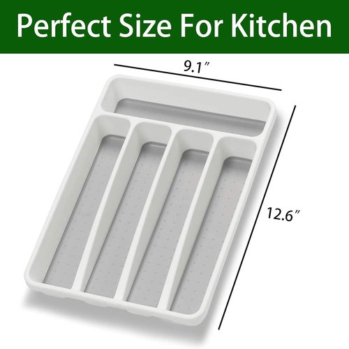Loyareal Silverware Organizer - 5 Compartment Plastic Kitchen Drawer Tray | White Flatware Holder