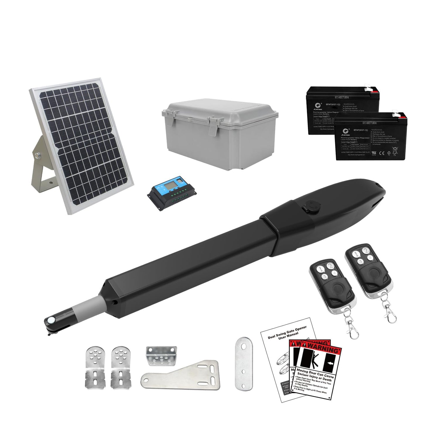 JUJIANG C026 Solar Gate Opener with Batteries & Solar Panel for Single Swing Gates Up to 770lb 16FT Automatic Gate Openers with Remote Complete Kit Medium Duty Automatic Gate Openers Solar Powered