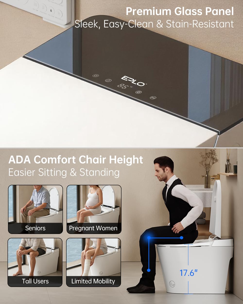 EPLO Luxury Smart Toilet Bidet with 1000g MaP Powerful Flush, Foam Shiled,Auto Open Close,Men's Urinal Auto Flush,Moving Dryer,ADA Comfort Height,Glass Panel Modern Elongated Toilet with Tank G20MAX