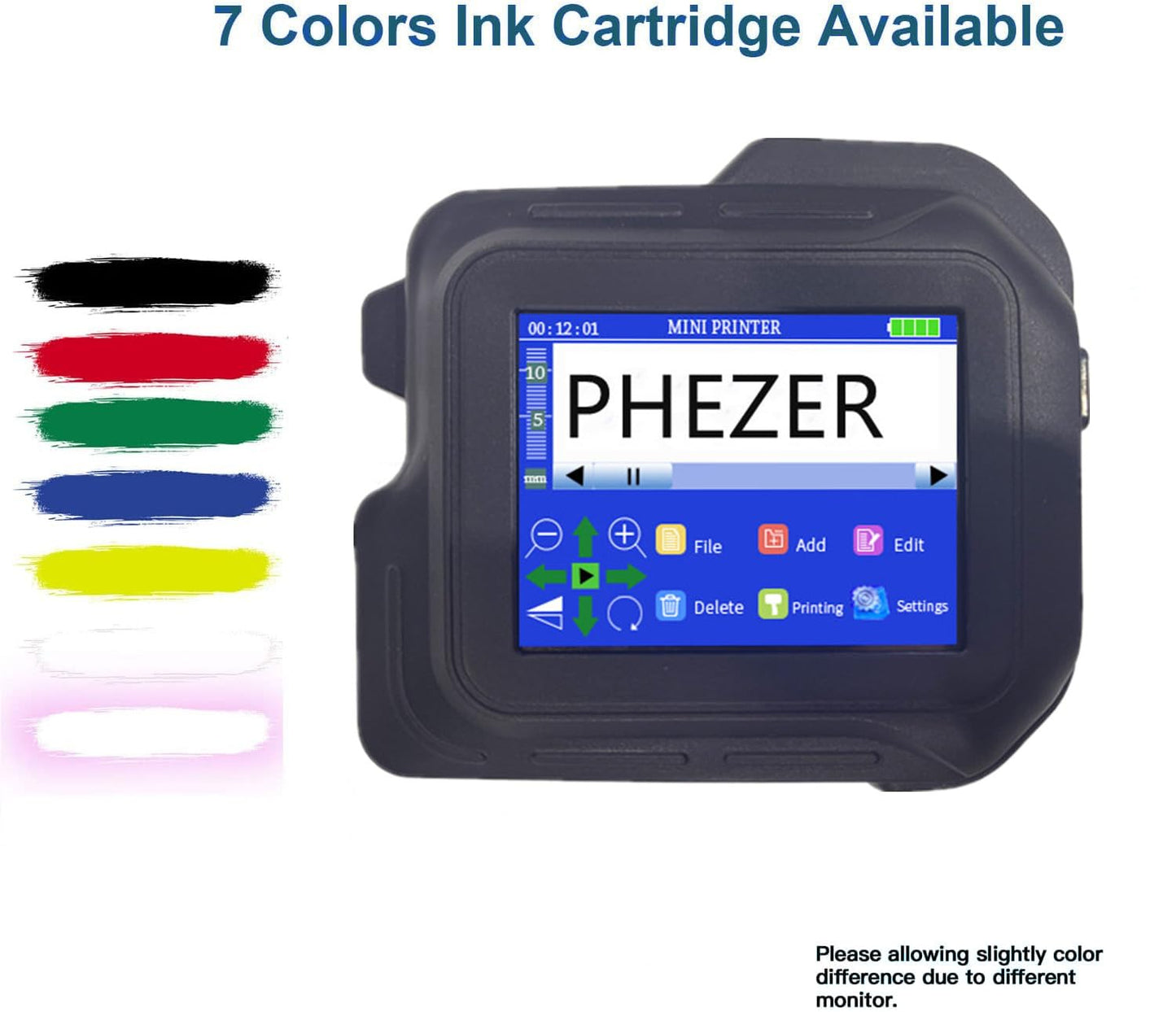 Phezer A Set PC98 Mini Inkjet Printer for Any Surface, with 2 Pcs Original Solvent Ink Cartridge (Black)