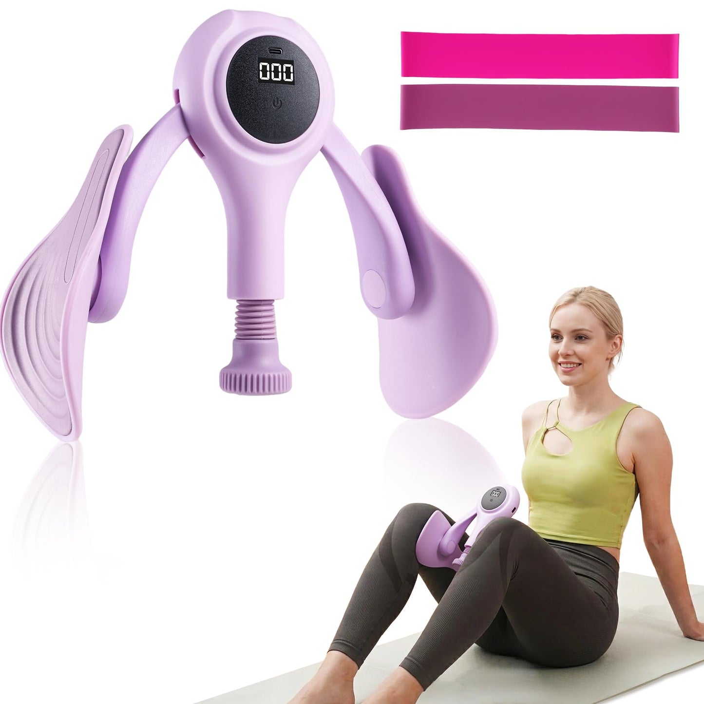 CYFIE Thigh Trainer for Women, Adjustable Inner Thigh Exerciser with 2 Band, Pelvic Floor Exercise Device & Kegel Exerciser with LED Counter, Hip Trainer & Thigh Workout Equipment for Home Workout