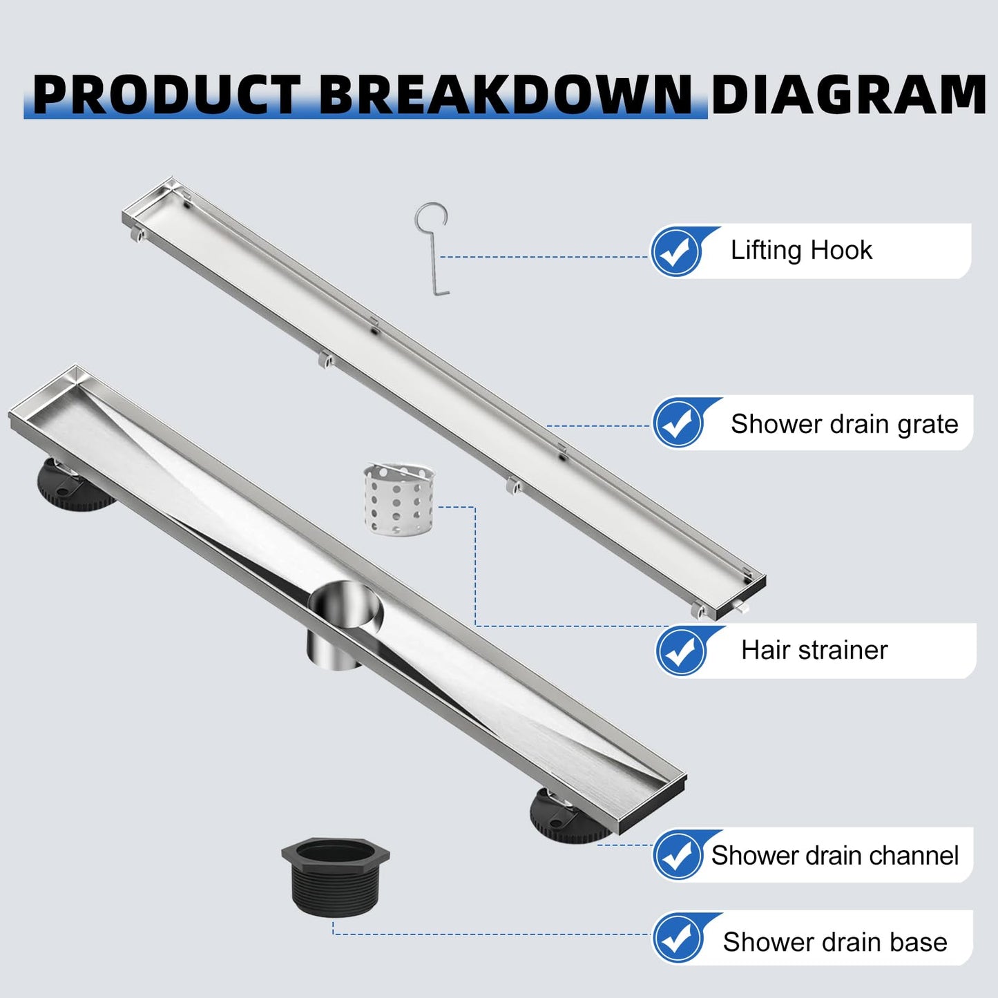 morefine Linear Shower Drain, 60 inch 304 Stainless Steel Shower Floor Drain with Tile Insert Grate, Adjustable Feet and Hair Filter