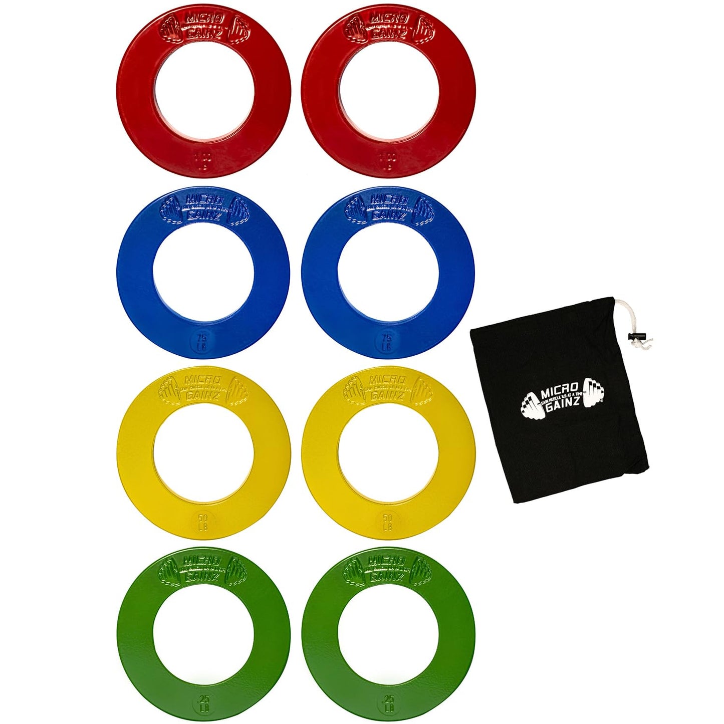 Micro Gainz Calibrated Fractional Weight Plates Set, 8 Piece Olympic Weight Plates Set with Bag, Designed for Olympic Barbells for Strength Training and Micro Loading, Made in USA (Multi-Color)