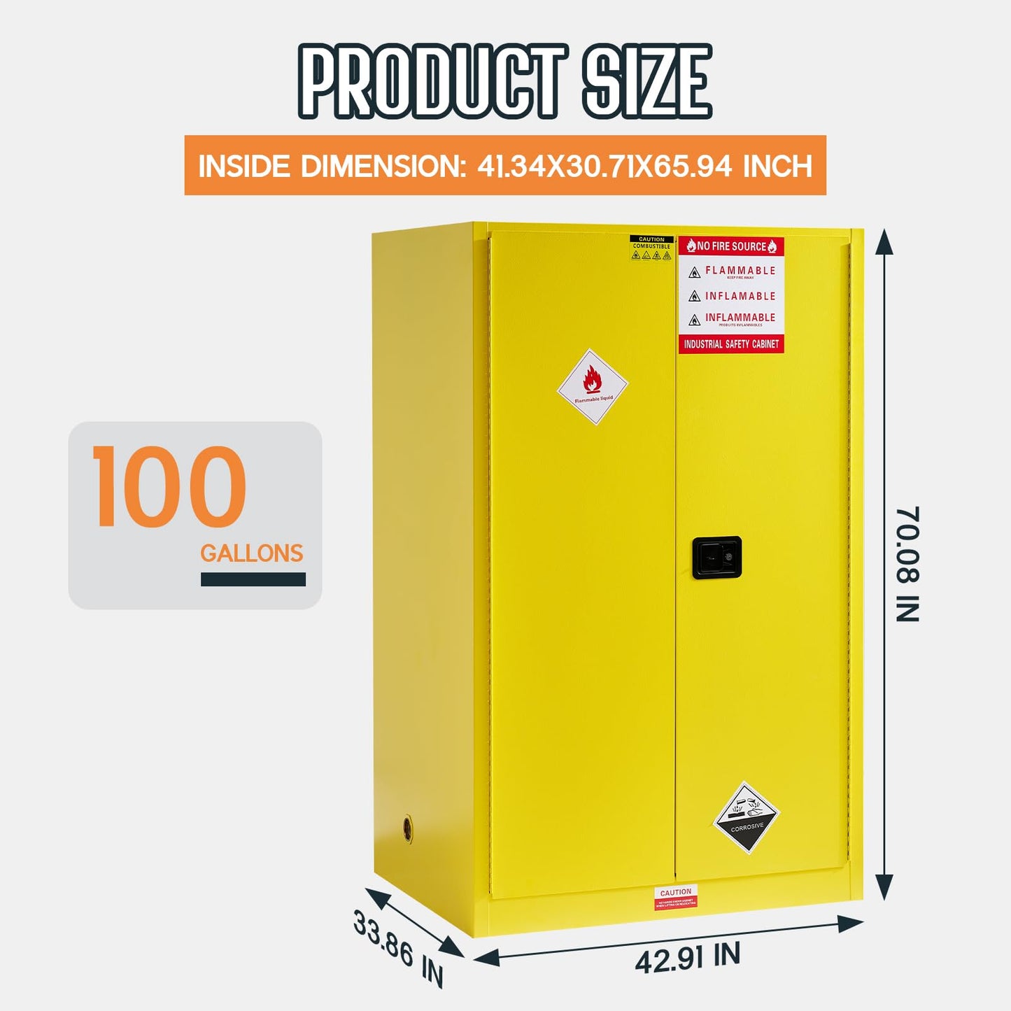 SPECRAFT 100 Gal Flammable Safety Cabinet, 70x43x34 Inch, Cold-Rolled Steel, Adjustable Shelves, OSHA & CE Certified for Industrial, Commercial, Laboratory, and Institutional Use, Yellow