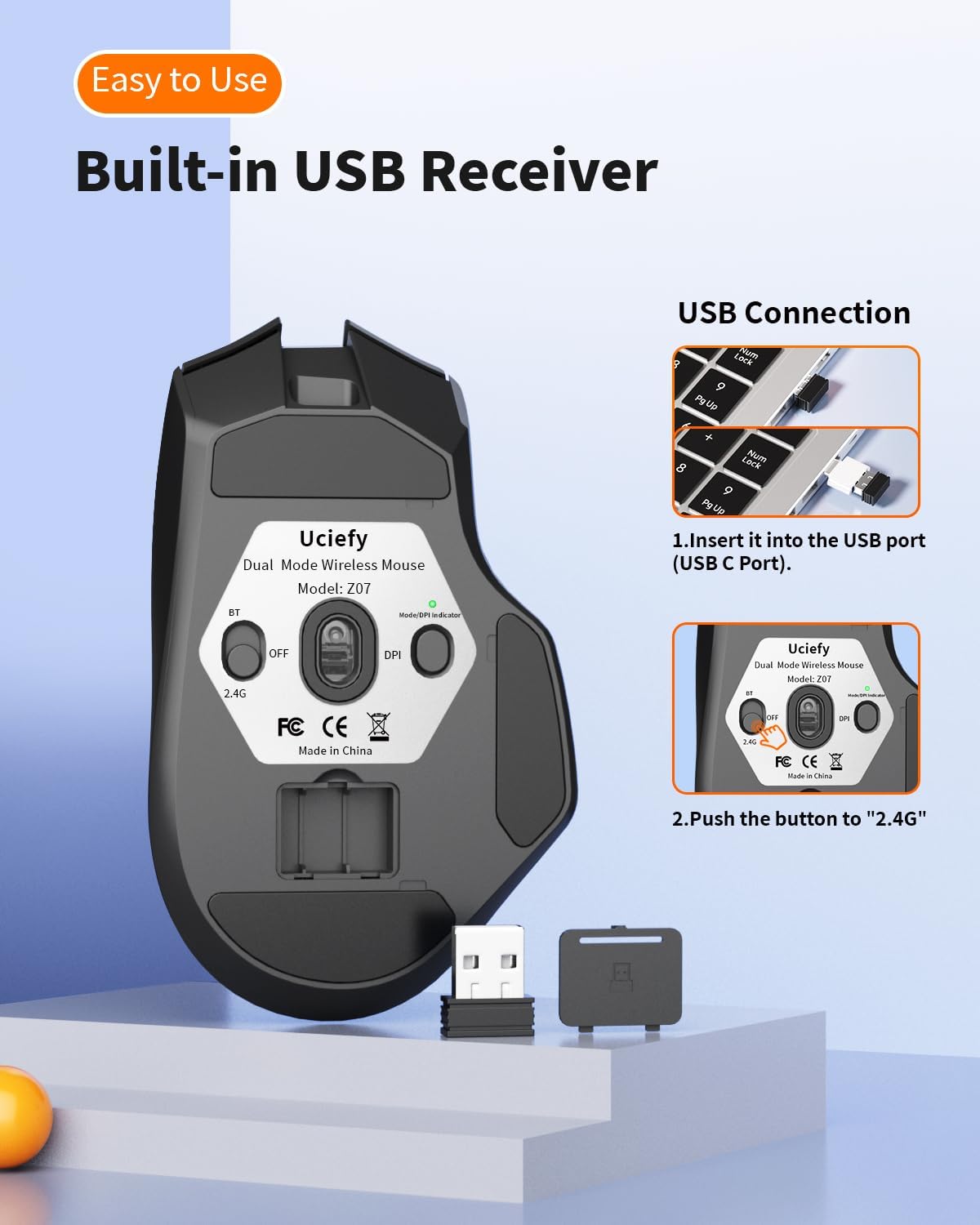 Uciefy Z07 (2.4G+BT5.1) Bluetooth Wireless Mouse, Dual Mode Bluetooth Mouse, USB C Rechargeable Mouse with Charging