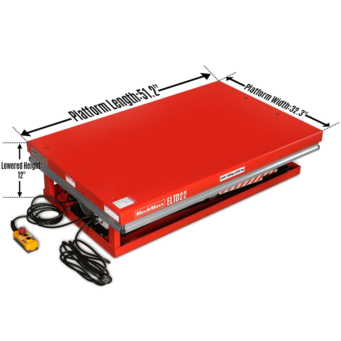 Mechmaxx 2200 lbs Capacity Stationary Electric Hydraulic Double Scissor Lift Table – 63" x 39.4" Platform, 70.1" Lift Height, UL Certified Motor, UL Certified Motor,Model ELTD22