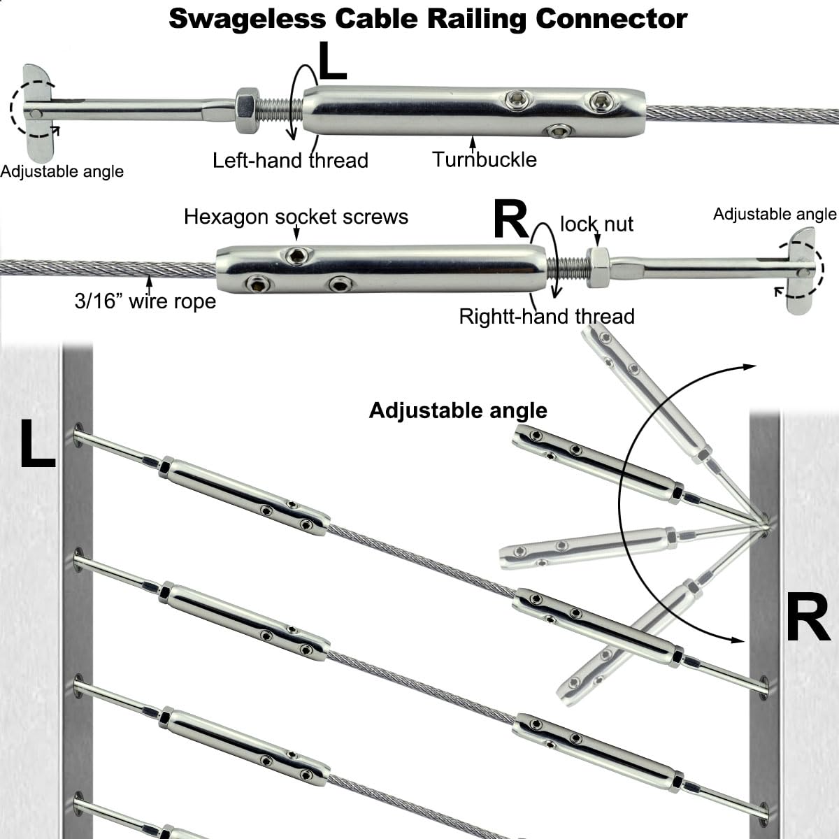 Iutuuk Swageless Tensioners for Metal Posts Cable Railing Hardware Kit, for 3/16 Stainless Steel Cable Rrailing System, Adjustable Angle Swageless Drop Pin Tensioners Left & Right 10 Pairs
