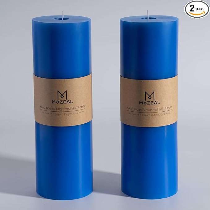 MOZEAL 4" x 12" Extra-Large Blue Pillar Candles (Set of 2), Unscented,Dripless, Smokeless,Long Clean-Burning,These Tall 12 inch Large Blue Pillar Candles Perfect for Weddings and Christmas Decor