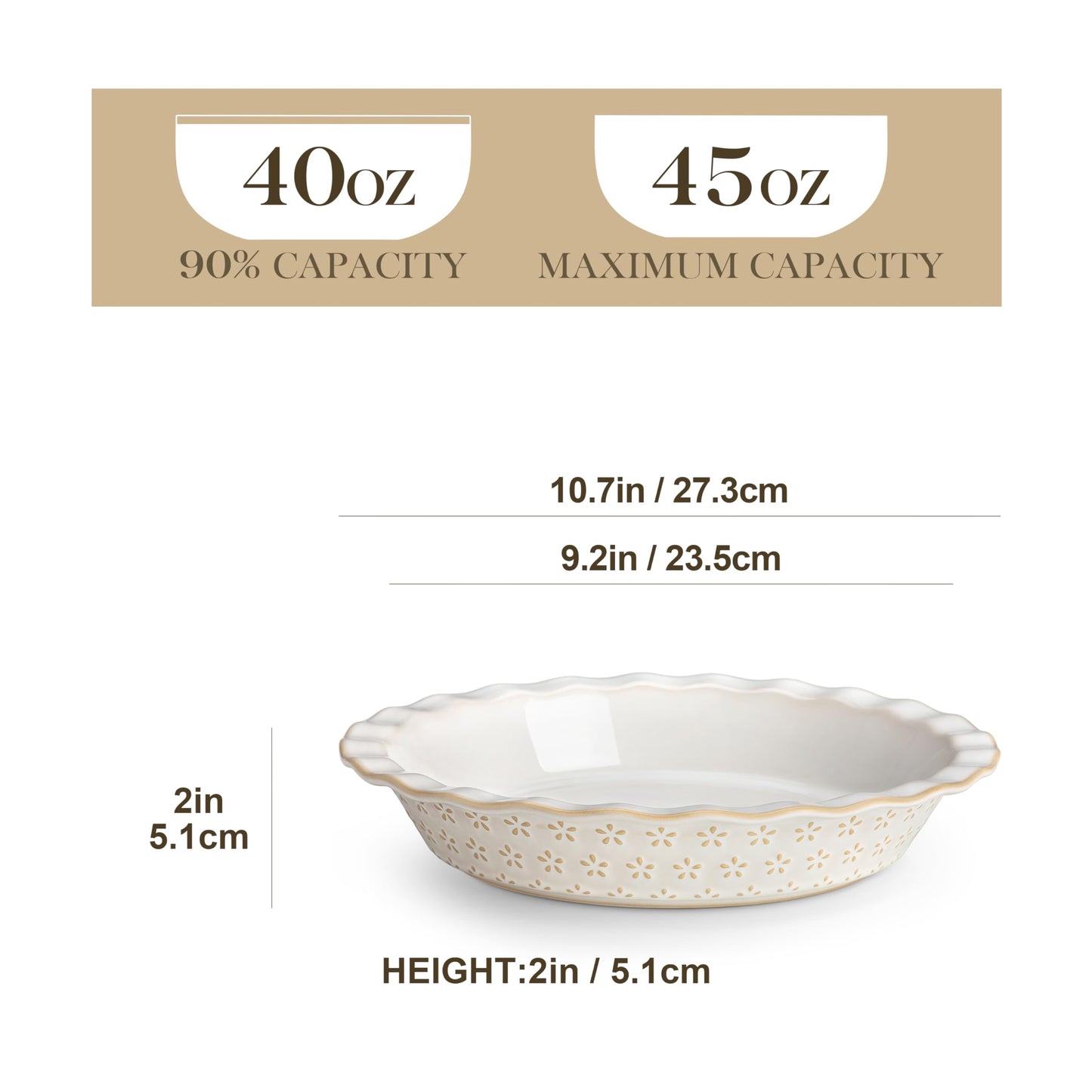 MALACASA Pie Pan, Stoneware Pie Dish for Baking, 45 OZ Deep Dish Pie Pans 9 Inch, Embossed Quiche Baking Dish for Oven, Fluted Dish Pie Plate for Apple Pie, Pot Pie and Quiche, Set of 1, Series LYDIA