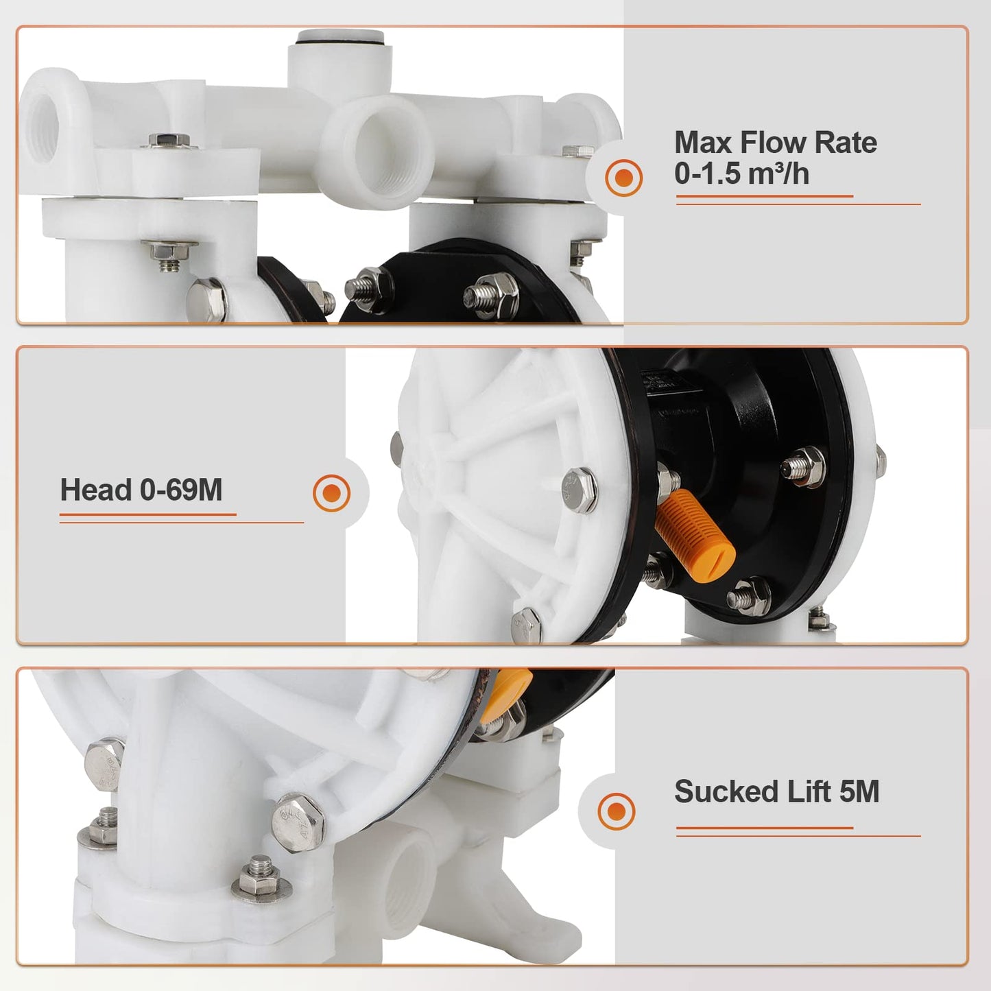 GCCSJ Air Operated Heavy Duty Double Diaphragm Transfer Pump 1/2" Inlet and Outlet, 13GPM, 100 PSI Max, Polypropylene Nitrile Rubber Stainless Steel Plastic Air Operated Waste Oil Transfer Pump