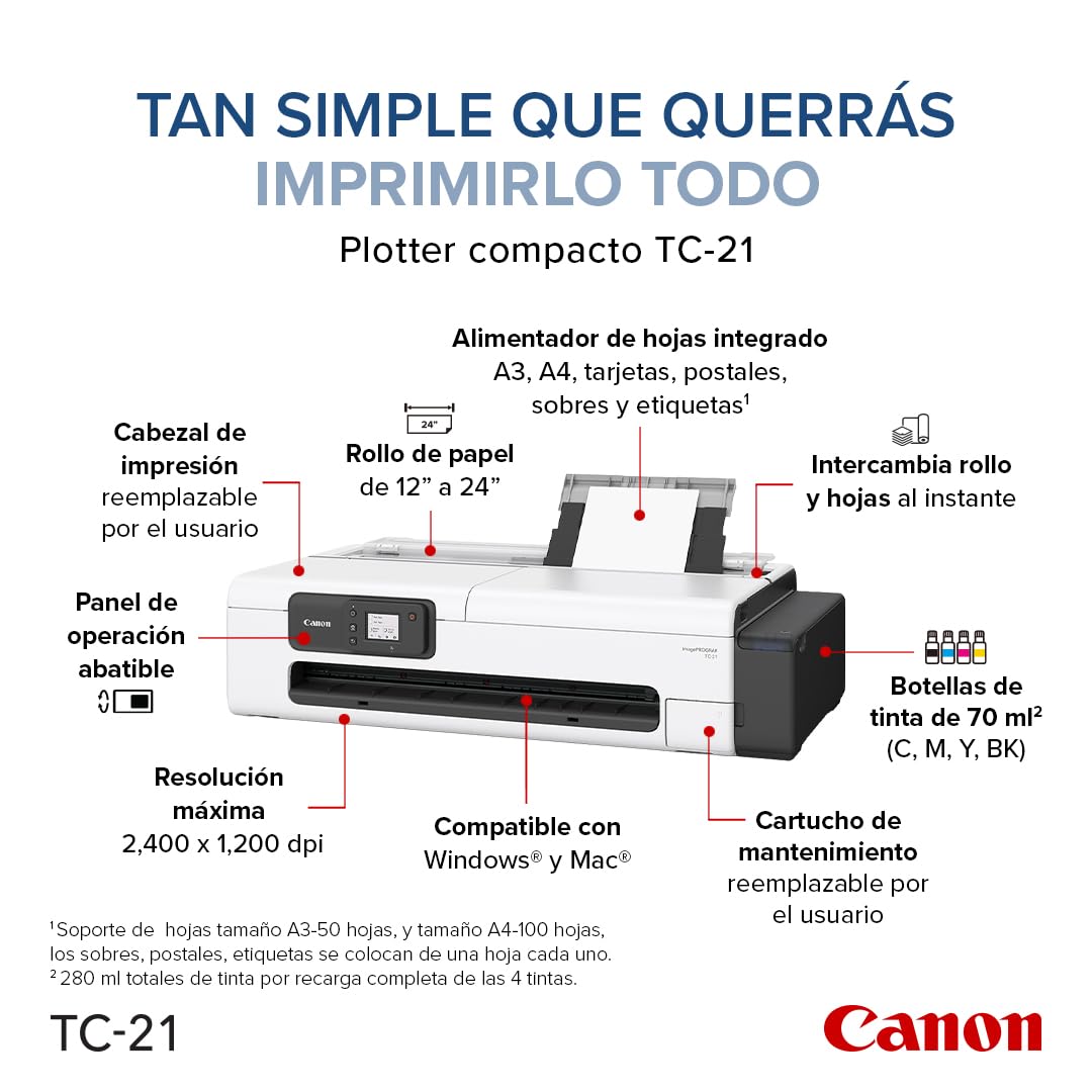 Canon imagePROGRAF TC-21 24" - Large Format Printer, Poster & Plotter Printer, Automatic Roll & Cut Sheet Paper Feeder, Includes 280 ml of Ink, White