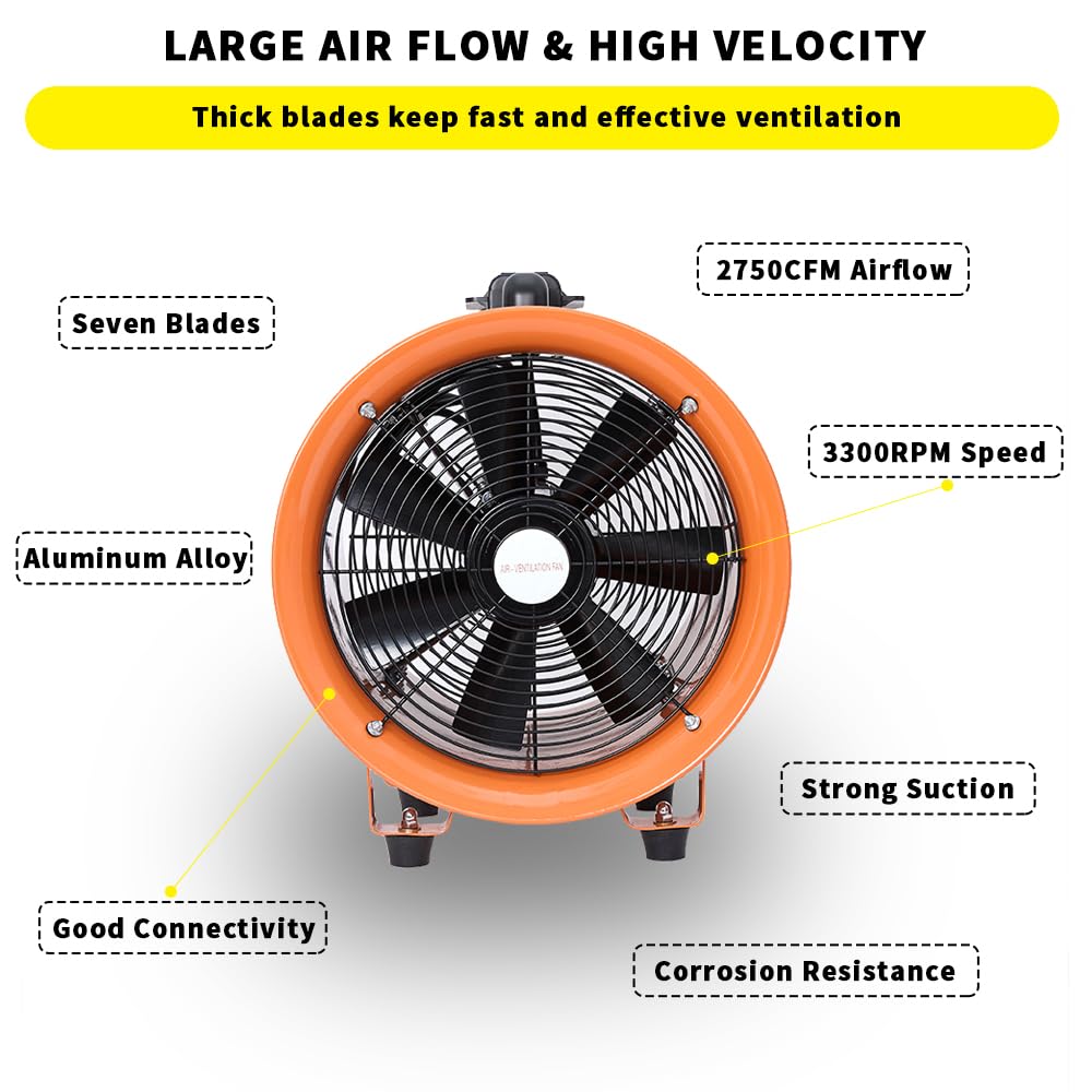 Utility Blower 8 Inch, High Velocity Ventilator With Duct Hose, Low Noise Portable Fan, Fume Extractor for Exhausting & Ventilating at Home and Job Site (8IN Fan+16FT Hose)