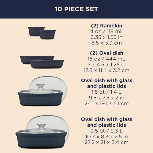 CorningWare 10-Piece Ceramic Bakeware Set - Chip & Crack Resistant | Microwave, Oven, Dishwasher Safe, French Navy