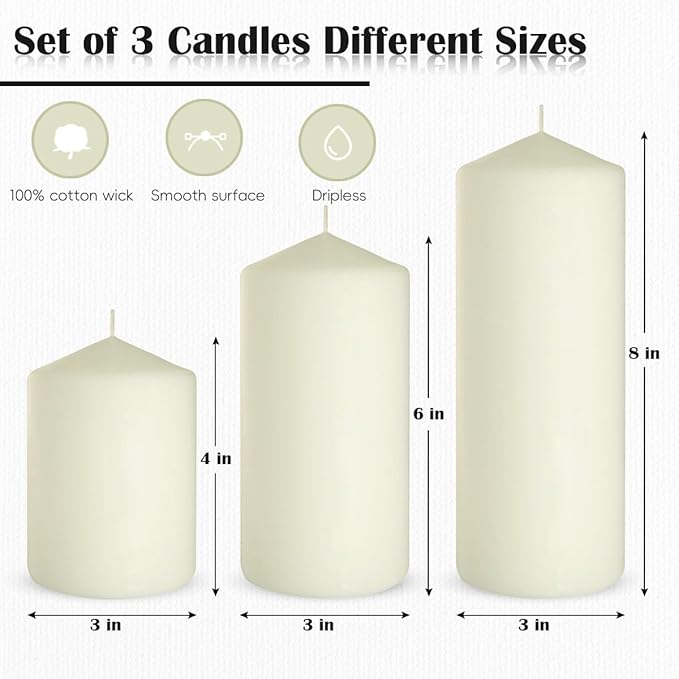Dripless 3x4 3x6 3x8 Inch Ivory Pillar Candles, 3 Packs Unscented Long Lasting Large Different Sizes Cylinder Column Wax Candles for Home Table Decor Power Outage Emergency