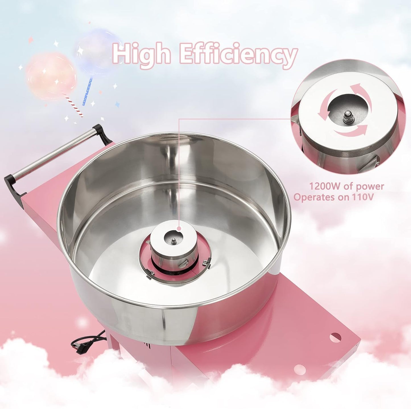 Electric Candy Cotton Machine With 20 in Stainless Steel Bowl,Cotton- Candy Maker Machine for Kids With Cart,Nostalgia Candy Cart Commercial For Party, Home,Festival,Amusement Park,Carnival,Pinks