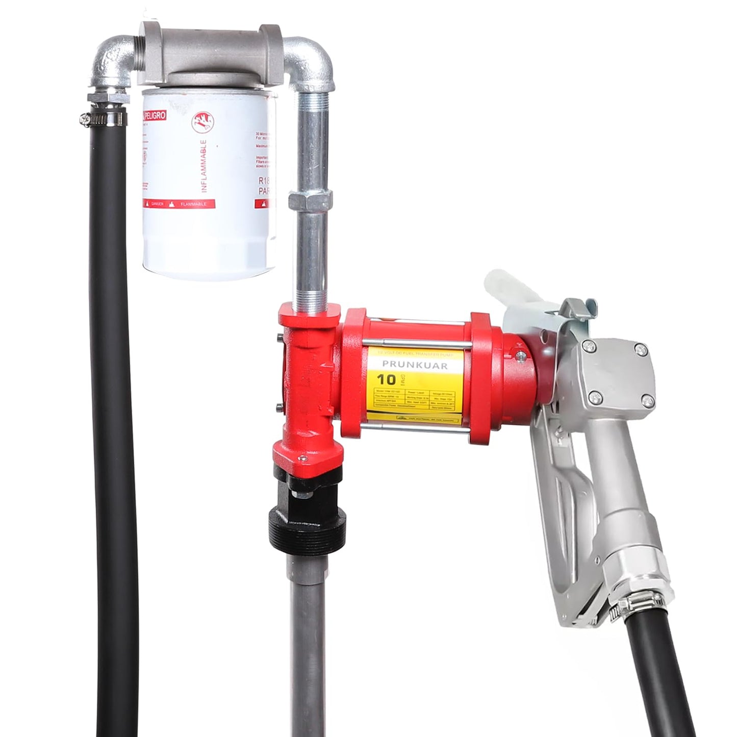 PRUNkuar 10GPM 12V Fuel Transfer Pump with Manual Nozzle, Particulate Filter，Cast Iron Heavy Duty for Gasoline Diesel Kerosene Biodiesel