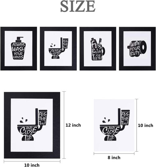 Joysnana Wall Art Prints - Funny Black and White Bathroom Decor | Set of 4 with Paper Frames (8x10 Inch)