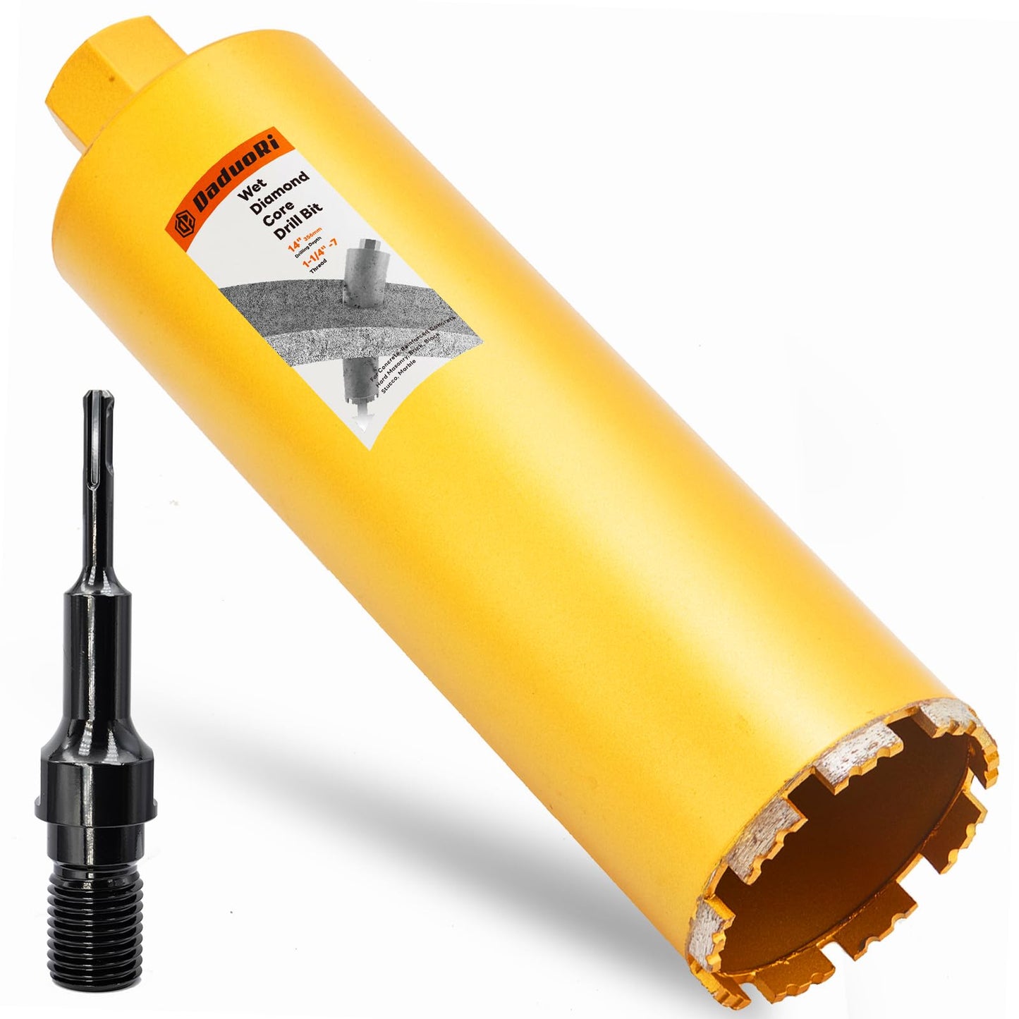 DaduoRi 6" Wet Core Drill Bit & SDS Plus Shank Drill Adapter - 6" Diameter Core Bits for Concrete, 14" Drilling Depth, 1-1/4"-7 Thread Diamond Core Bit for Cured Concrete, Masonry, Brick