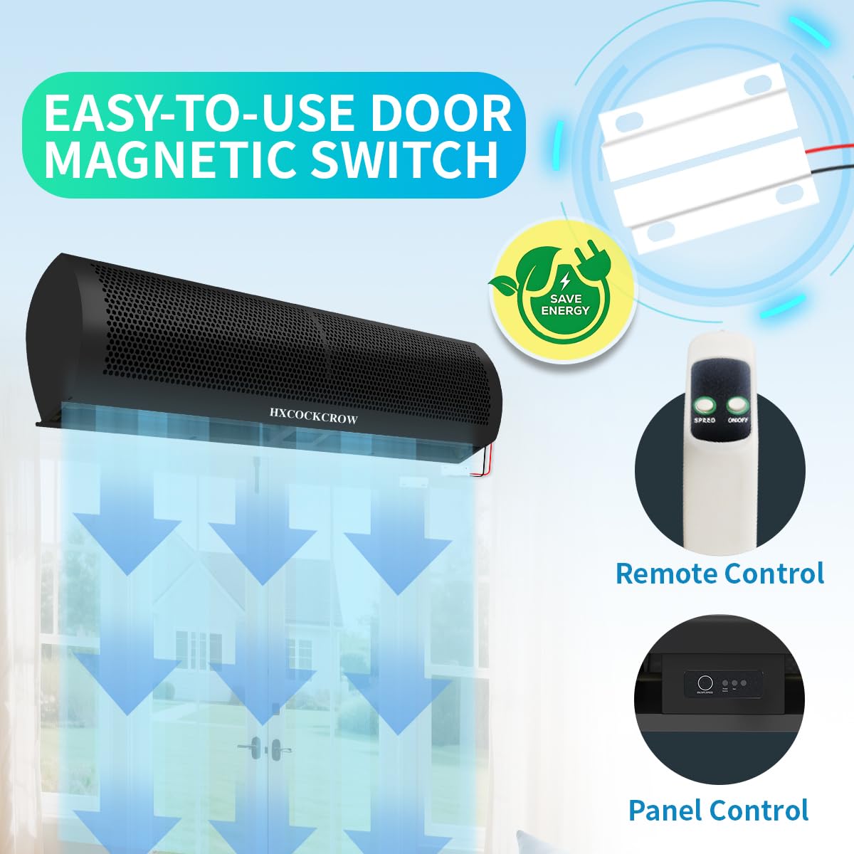 HXCOCKCROW 36’’ Air Curtain for Doors Commercial,【New Upgrade】 Matte Black Air Door Fan with Door Magnetic Switch for Home Restaurant Shop Garage, High Power & Slim 2-Speed Indoor Air Fly Fan