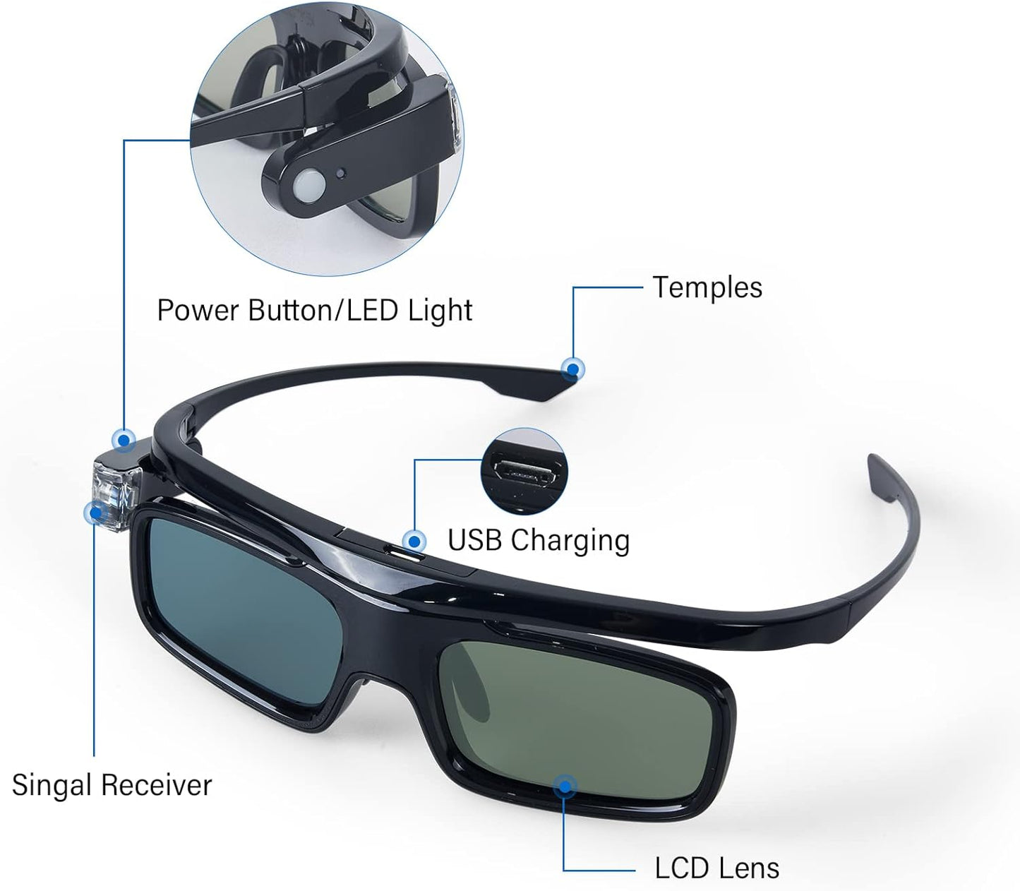 EKYLIN 3D 3D Glasses, Active Shutter Rechargeable Eyewear for DLP-Link Projectors Cocar Toumei