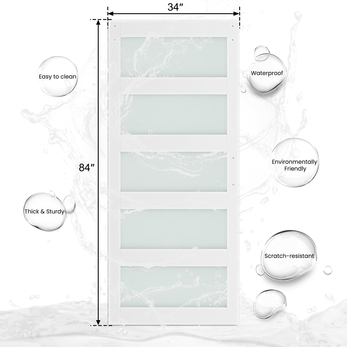 SmartStandard 34 x 84 in Glass Barn Door with 6FT Sliding Hardware Kit & Handle, Pre-Drilled Ready to Assemble, Waterproof PVC Coating, White, 5-Panel Glass