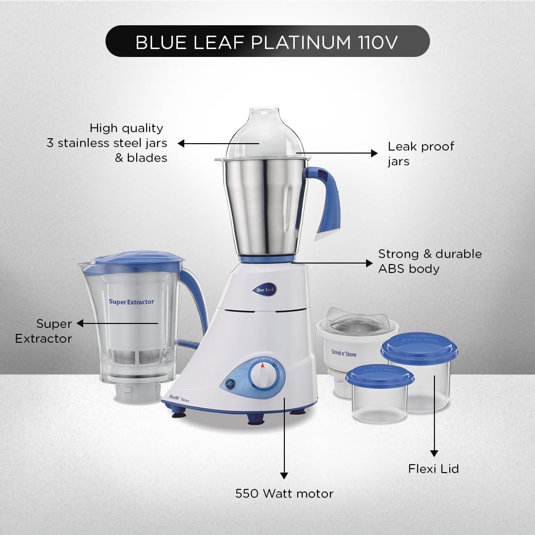 Preethi Blue Leaf Platinum 550 Watts 3 Jar Indian Mixer Grinder 110 Volts