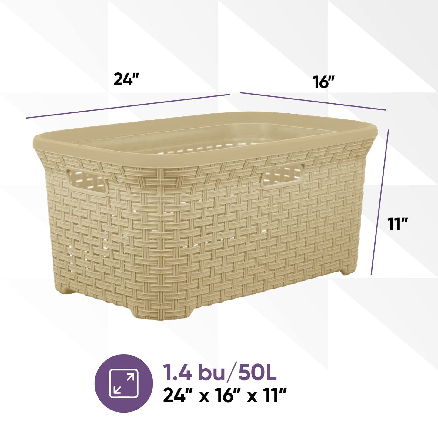 Superio Laundry Basket Plastic Storage Hamper Basket, Beige Cloths Basket Organizer with Cut-Out Handles. Space Saving for Laundry Room Bedroom Bathroom, Wicker Design 50 Liter (2 Pack)