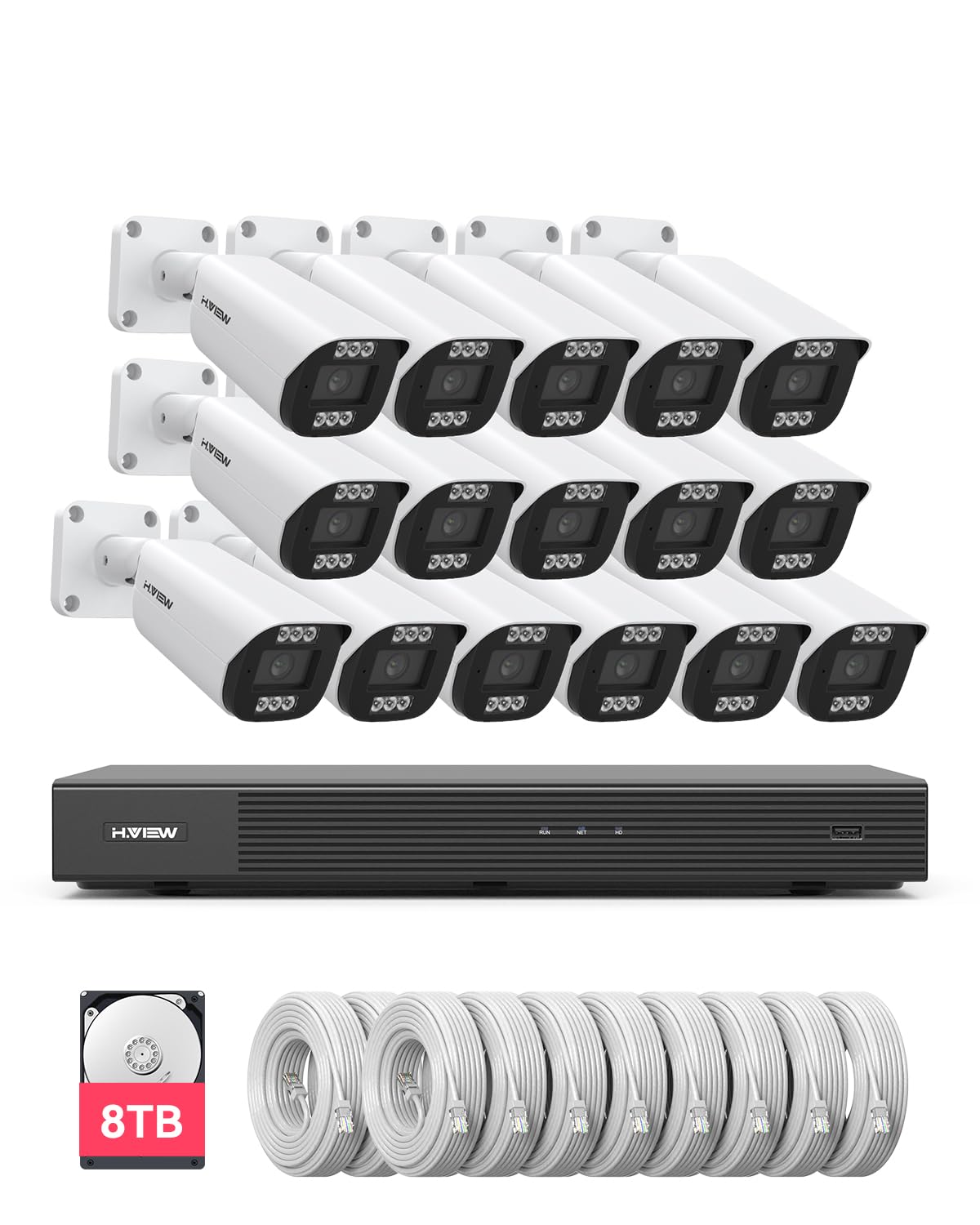 H.VIEW 16 Channel 4K PoE Security Camera System, 16CH Commercial NVR Ultra Large 8TB, 16x 8MP Outdoor IP Cameras with Audio, AI Smart Human Detection, 16x Cables, Wired CCTV for Business