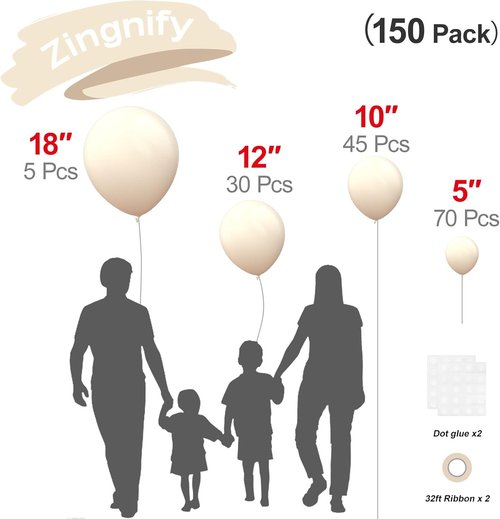 Beige Balloons by [Brand Name] - 150-Piece Pack with 18", 12", 10", & 5" Sizes | Perfect for Birthday & Wedding Decorations
