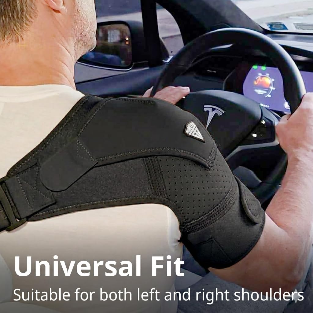 FIGHTECH Rotator Cuff Shoulder Brace for Men and Women - 4 Sizes - Shoulder Support - Pain Relief - Black - Medium/Large (Chest 35-48" Bicep 12-17")