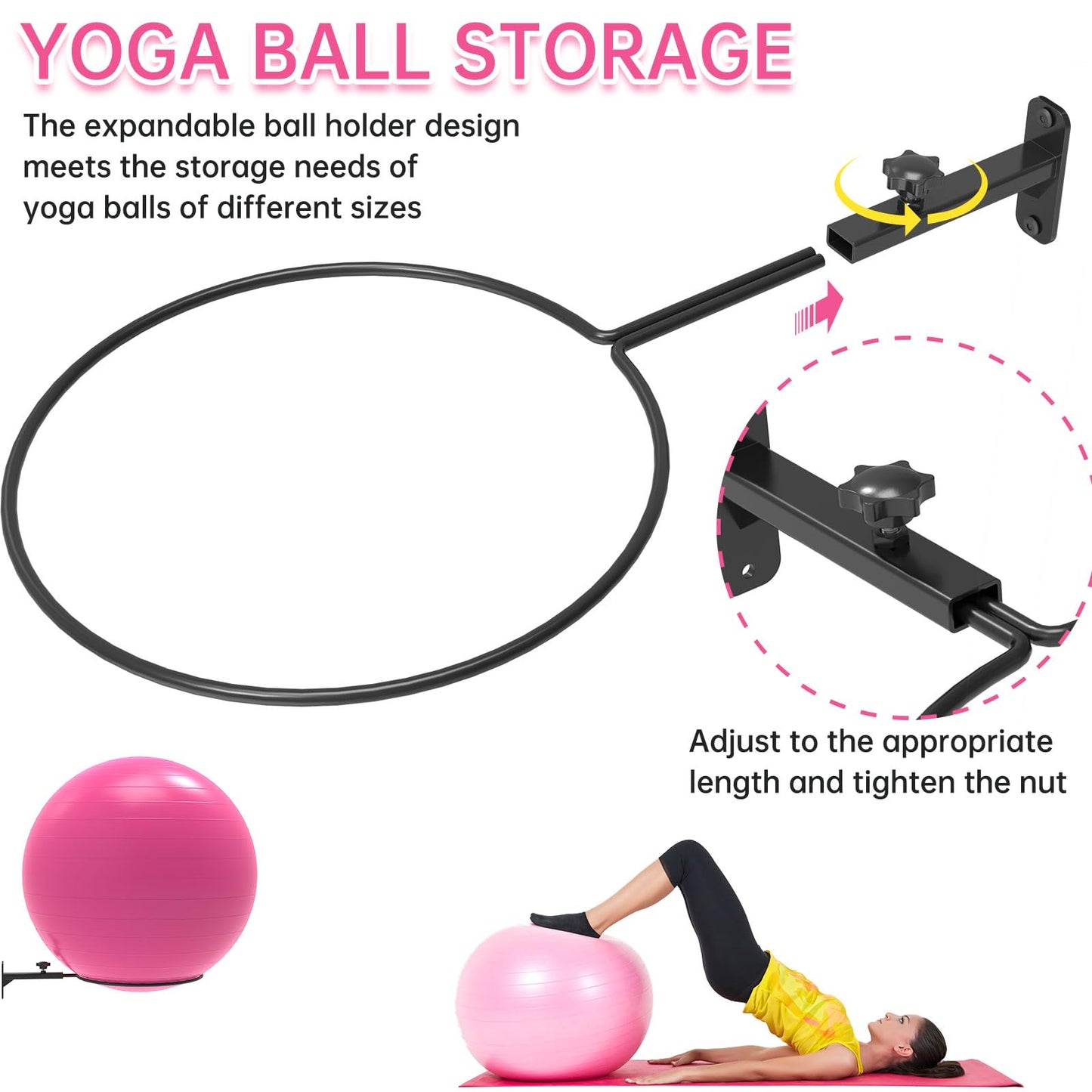 KOMOHOM Universal Wall-Mounted Exercise Ball Holder, Adjustable Yoga Ball Storage Rack for 14 to 30 Inch Stability Balls, Heavy-Duty Metal with 12-Inch Diameter Ring, Space-Saving Design