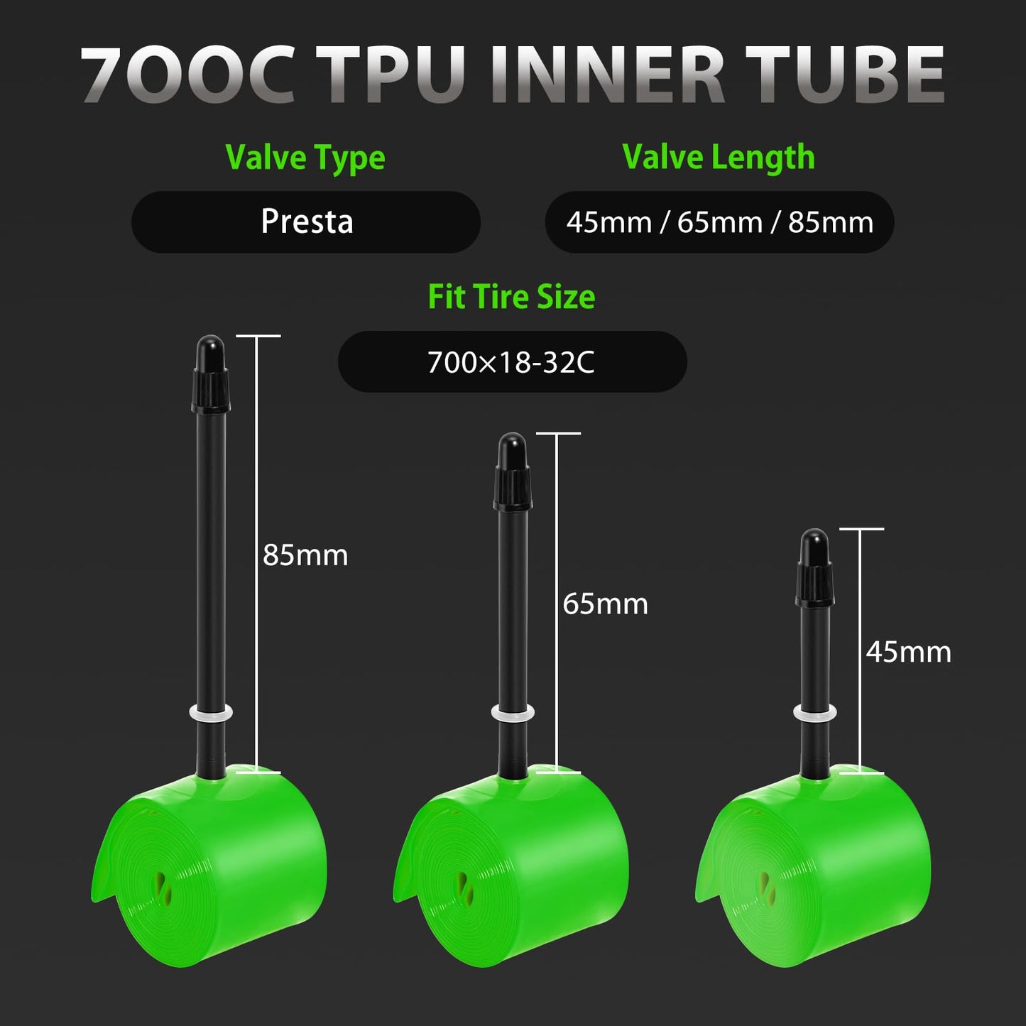 WHEELO 2-Pack TPU Inner Tube, 700C x 18-32C Road Bike Tube, 65mm Presta Valve Light Bicycle Tube, Strong & Compact | Rim & Disc Brake Compatibility-Green