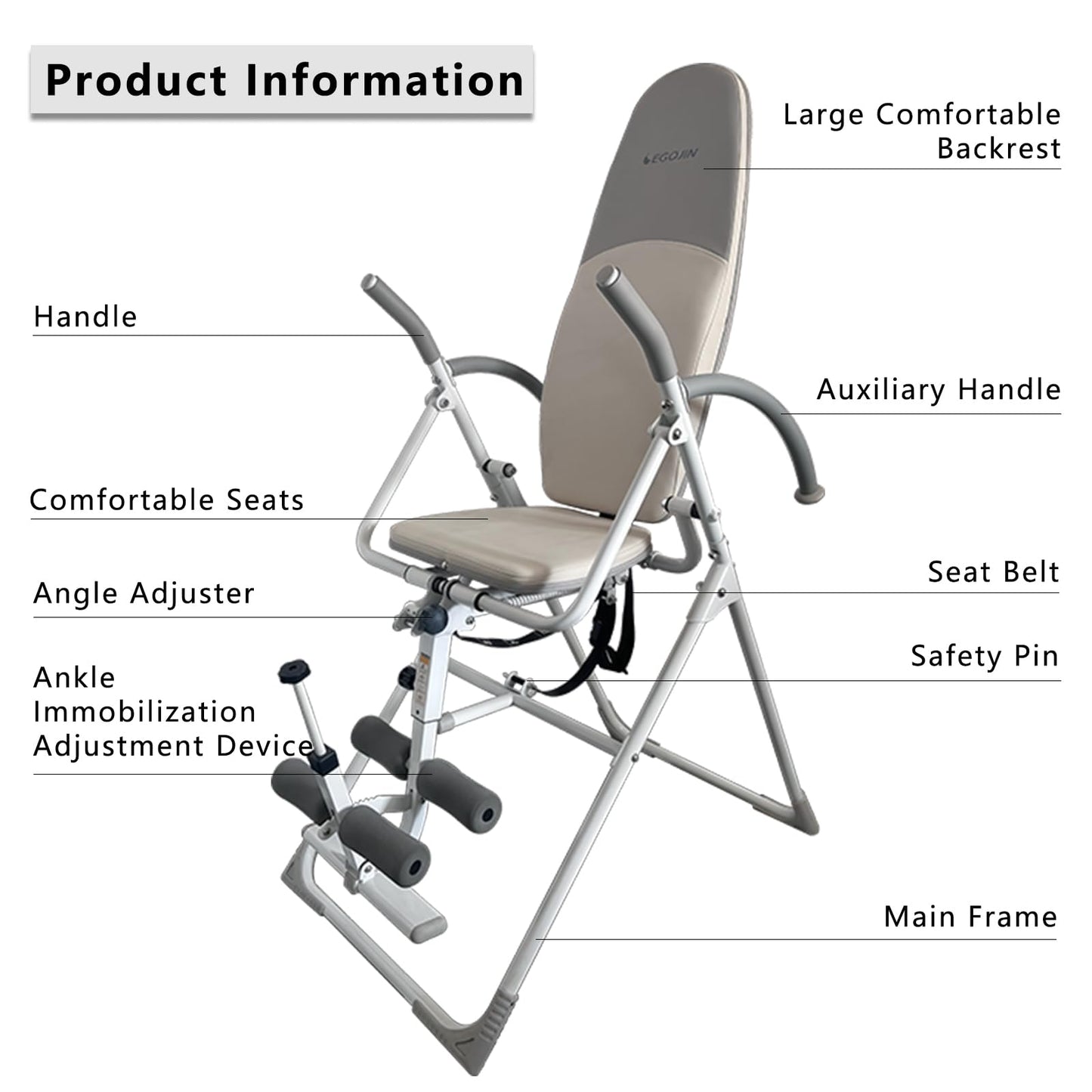 Inversion Table with Adjustable Backrest and Ankle Support, Comfortable Cushioned Seat, Safety Belt, Foldable Exercise Equipment