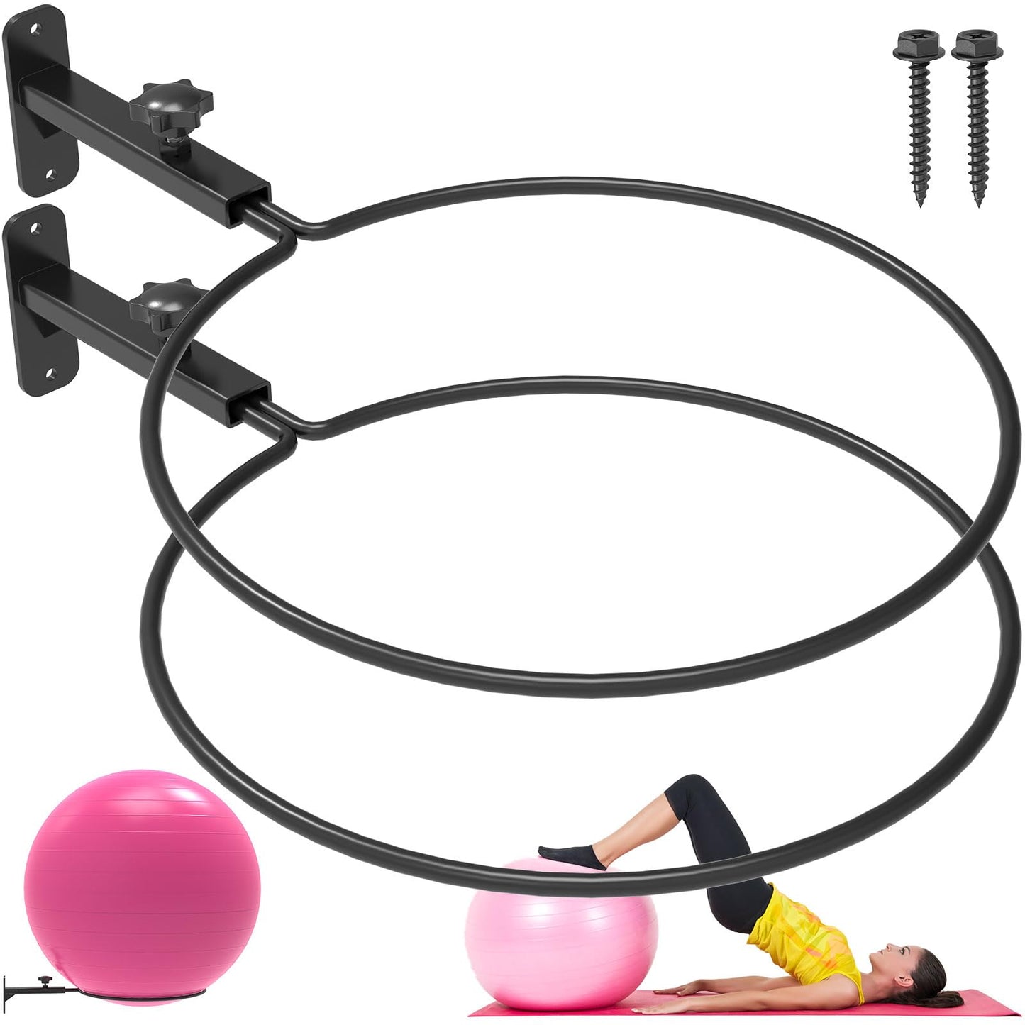 KOMOHOM Wall-Mounted Yoga Ball Holder, Black Metal, 12-Inch Diameter Ring, Universal Exercise Ball Storage Rack for 14-30 Inch Stability Balls(2PCS)